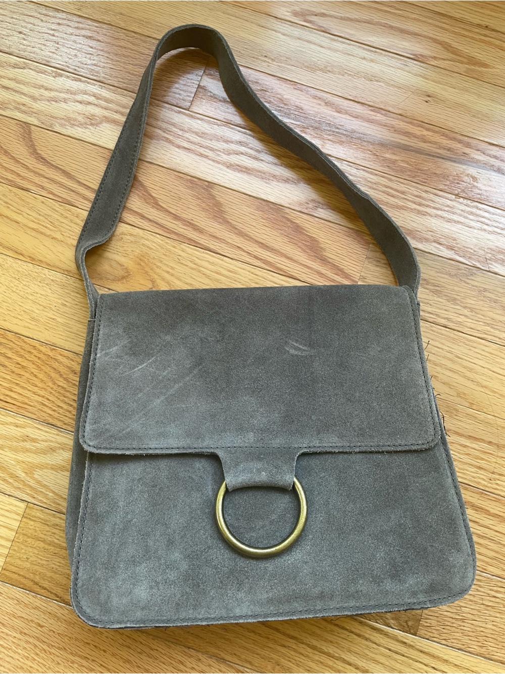 Ecote Gray Suede Shoulder Bag with Brass Ring